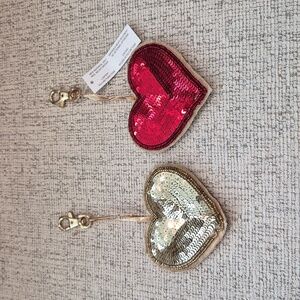 Pier 1 Sequin Heart Keychains Bag Charms Red & Gold Set NEW